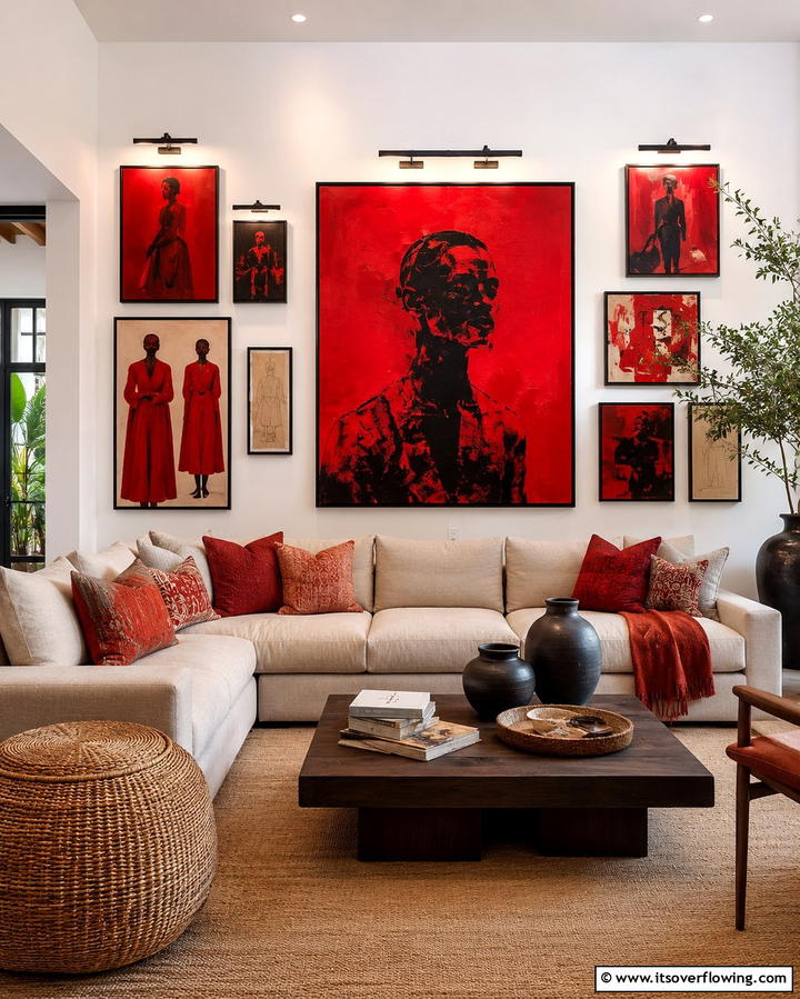 Expressive Red Artwork Display - 30 Red Living Room Ideas for Bold and Vibrant Spaces