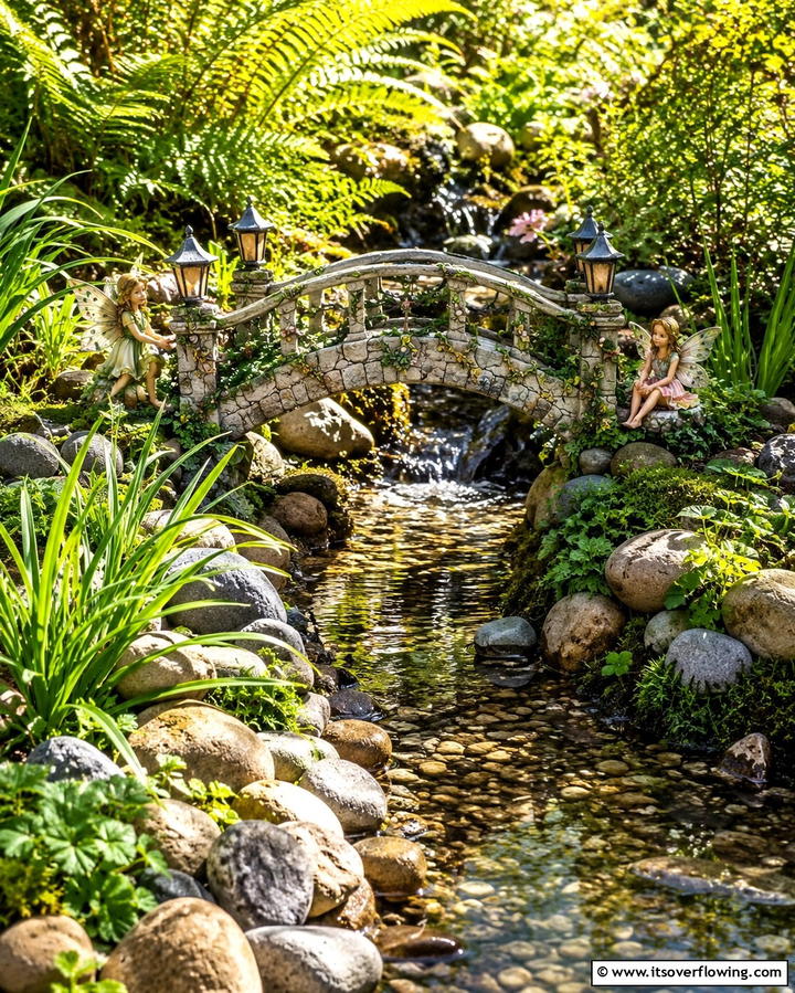Fairy Bridge Over a Mini Stream - 20 Large Fairy Garden Ideas for a Magical Outdoor Space