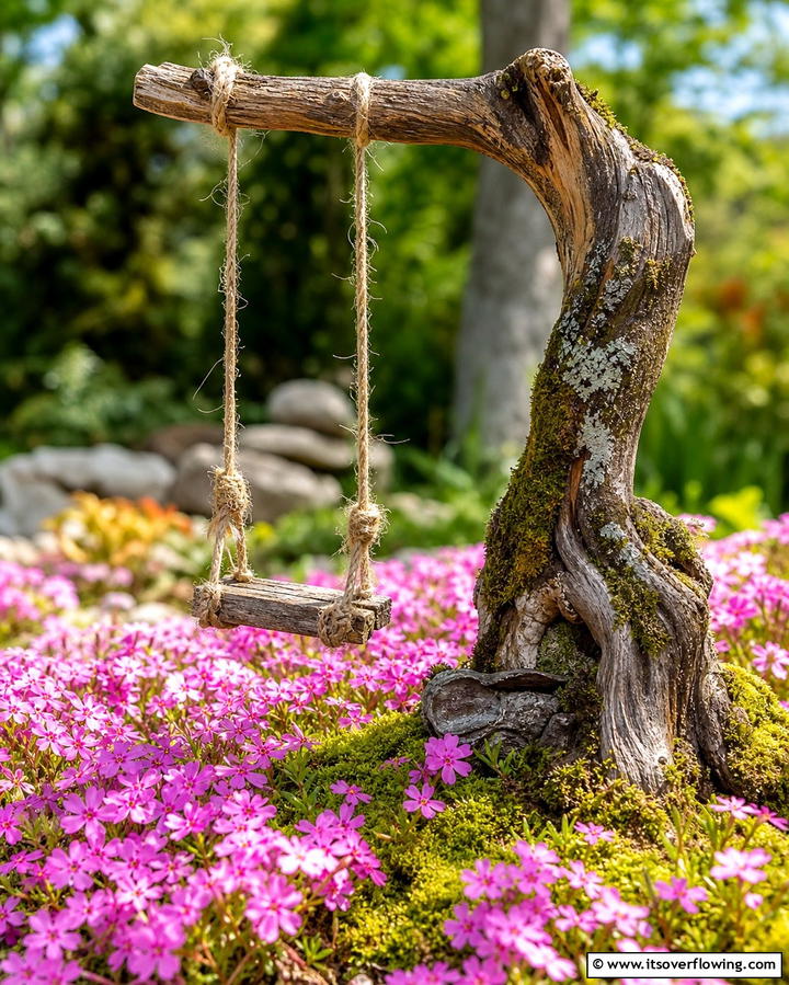 Fairy Garden Swing on a Stump - 25 Tree Stump Fairy Garden Ideas for Enchanting Spaces
