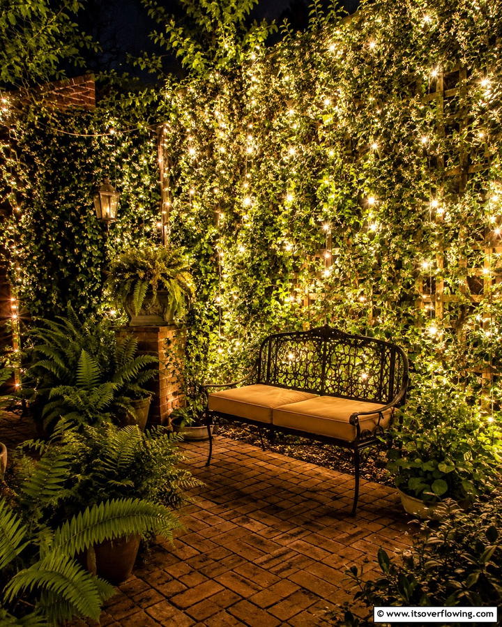 Fairy Lights Intertwined with Plants - 25 Fence Lighting Ideas to Illuminate Your Outdoor Space