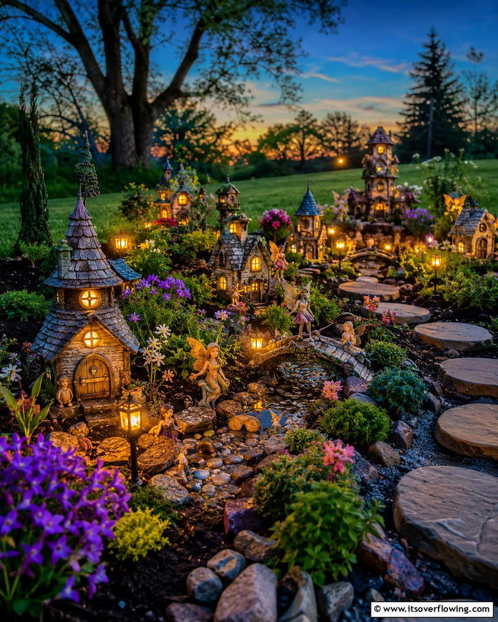 Fairy Village with Twinkling Lights - 20 Large Fairy Garden Ideas for a Magical Outdoor Space