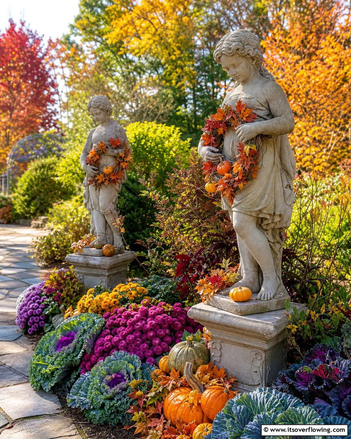 Fall Accented Garden Statues - 21 Fall Outdoor Decorating Ideas for a Cozy Vibe