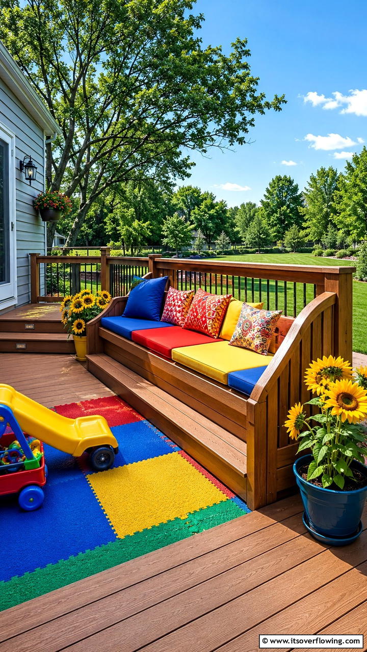 Family Friendly Bench with Safety Rail - 30 Built-In Deck Bench Ideas- Functional Outdoor Seating