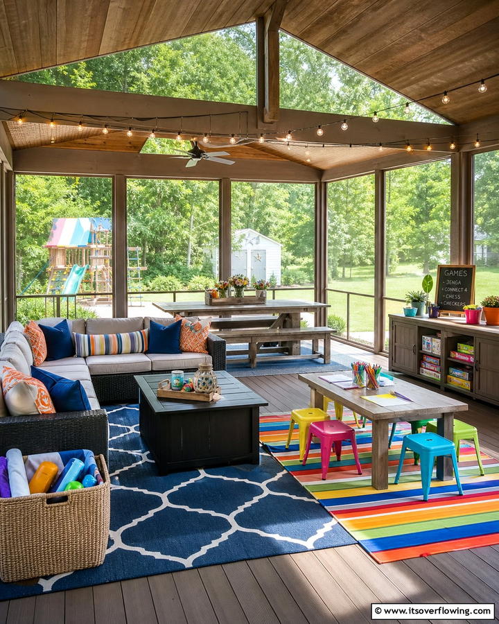 Family Friendly Gathering Space - 21 Screened-in Porch Ideas for Year-Round Outdoor Living