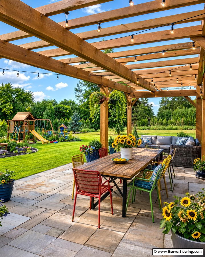 Family Friendly Pergola Gathering Space - 21 Pergola Patio Designs for Structured Outdoor Shade Solutions