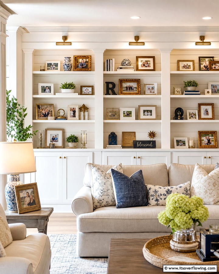 Family Photo Shelf Gallery - 21 Shelf Decor Ideas to Organize and Elevate Your Spaces