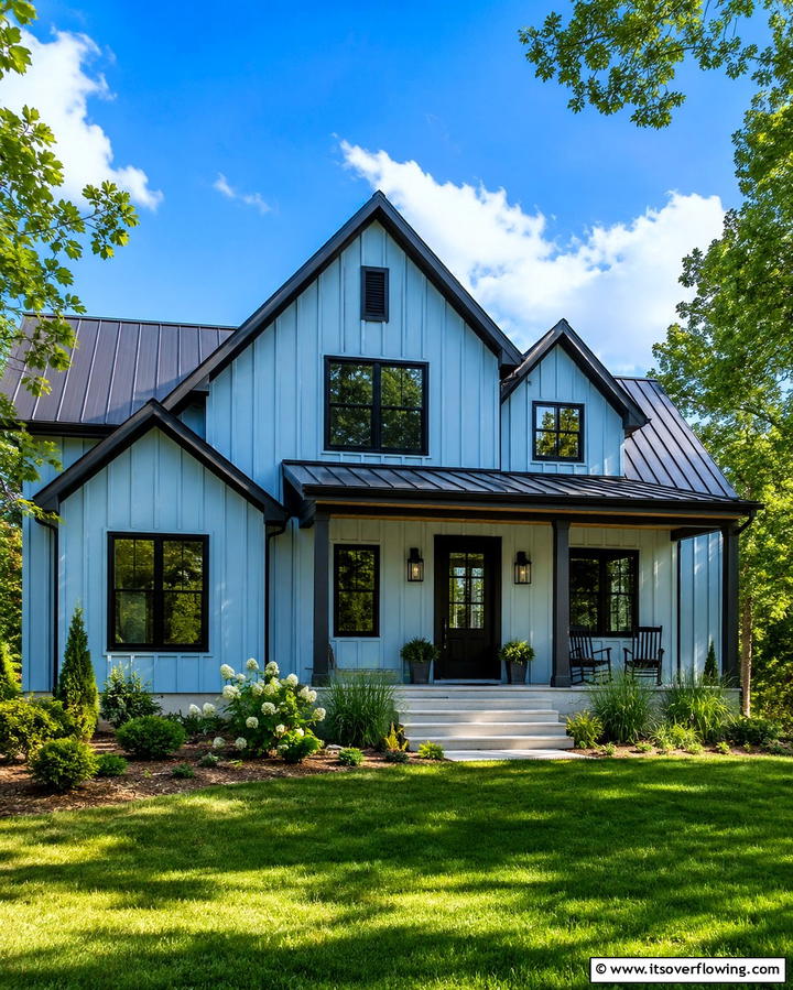 Farmhouse Appeal with Black Trim - 25 Light Blue House Exterior Ideas for a Fresh Look