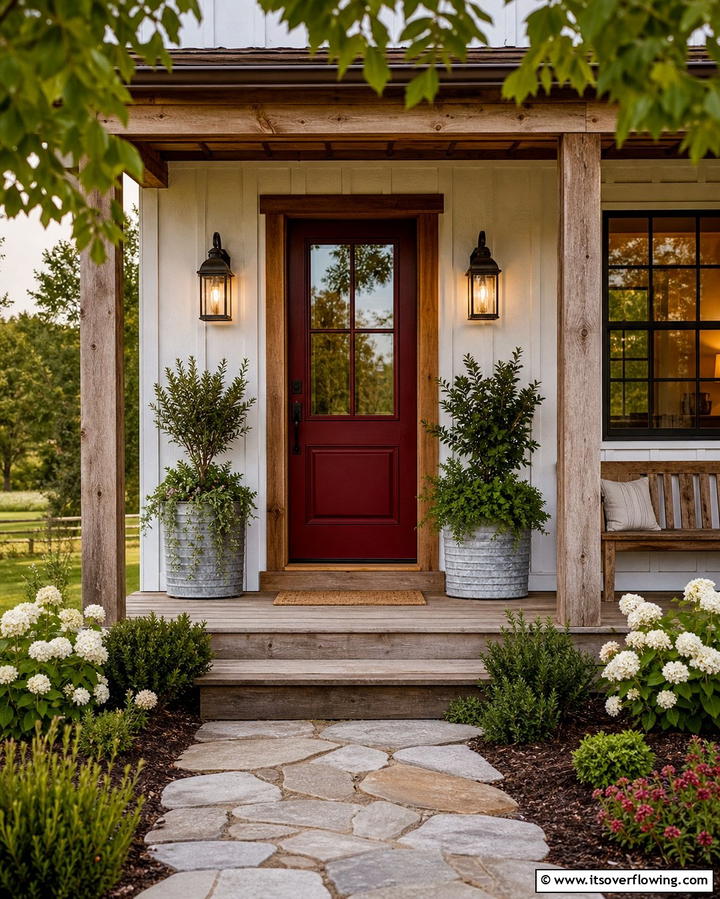 Farmhouse Appeal with Dark Red and Wooden Frames - 25 Dark Red Front Door Ideas for a Bold Entrance