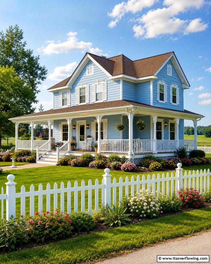 Farmhouse Appeal with Light Blue - 25 Stunning Blue Exterior Home with Brown Roof Ideas