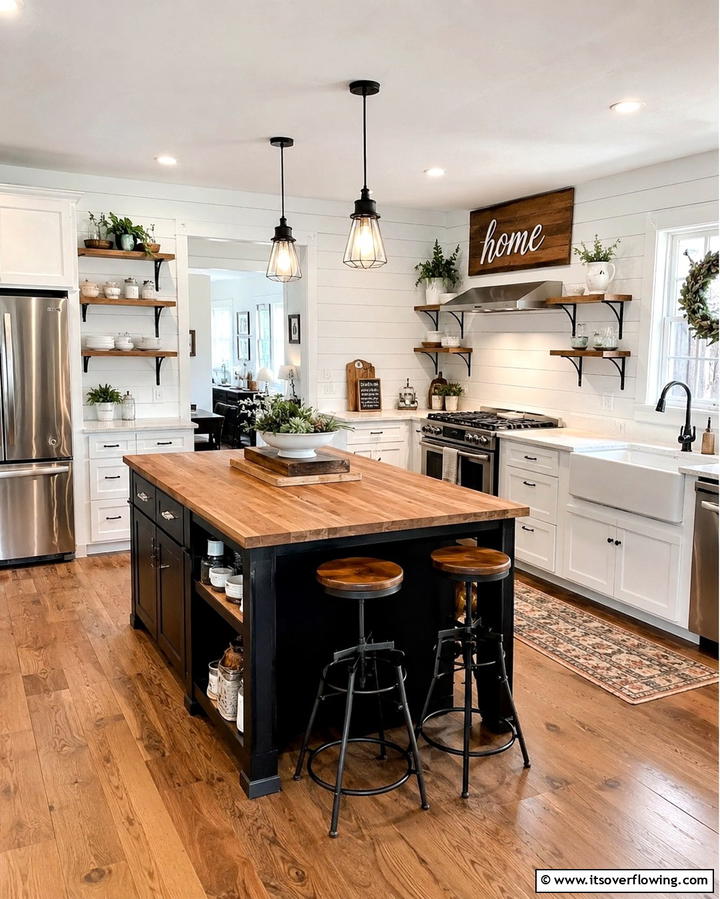Farmhouse Charm Reimagined - 20 White Kitchen Ideas With Black Island for Contrast
