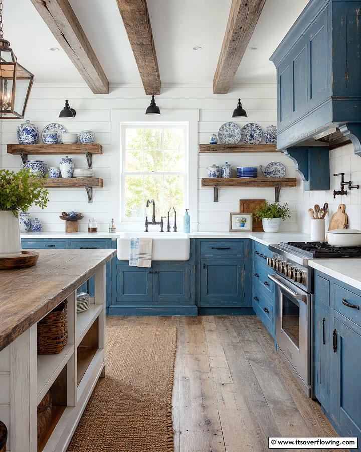 Farmhouse Charm with Blue and White - 25 Blue and White Kitchen Ideas for a Fresh and Timeless Look