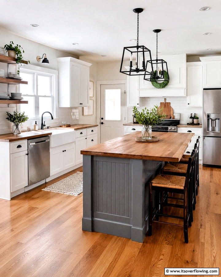Farmhouse Charm with White Cabinets and a Grey Island - 25 White Kitchen Cabinets with Grey Island Ideas