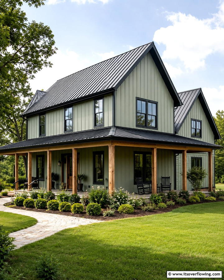 Farmhouse Charm - 25 Sage Green House With Black Trim Ideas for Curb Appeal
