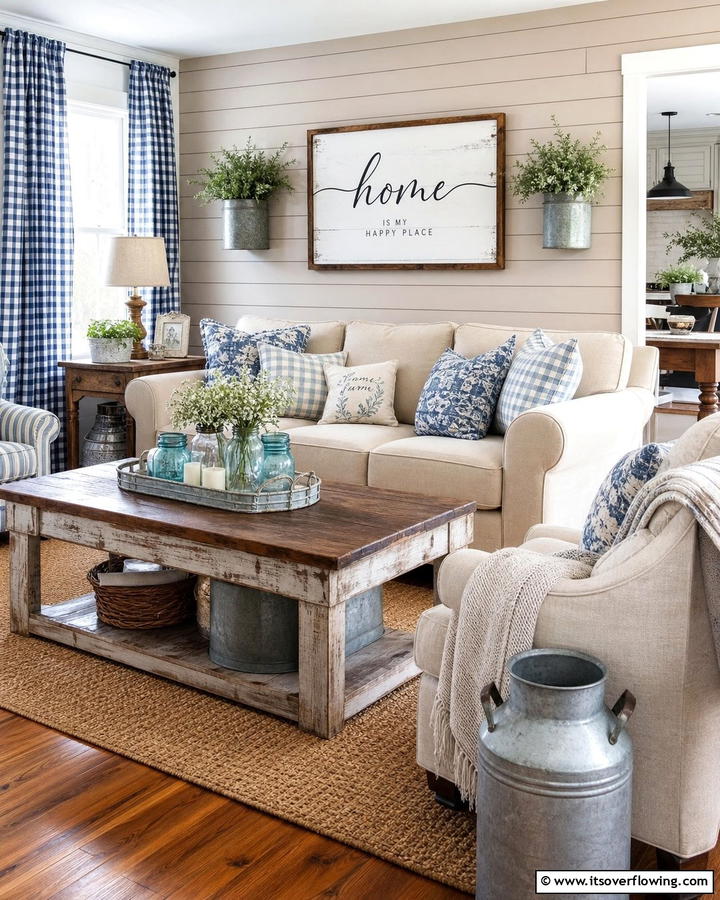 Farmhouse Chic with Blue and Beige Tones - 20 Blue and Beige Living Room Ideas- Serene Spaces