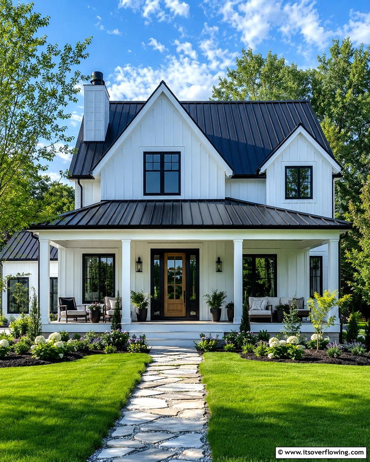 Farmhouse Chic with White Board and Batten - 30 Black Roof Exterior Home Design Ideas for Bold Contrast
