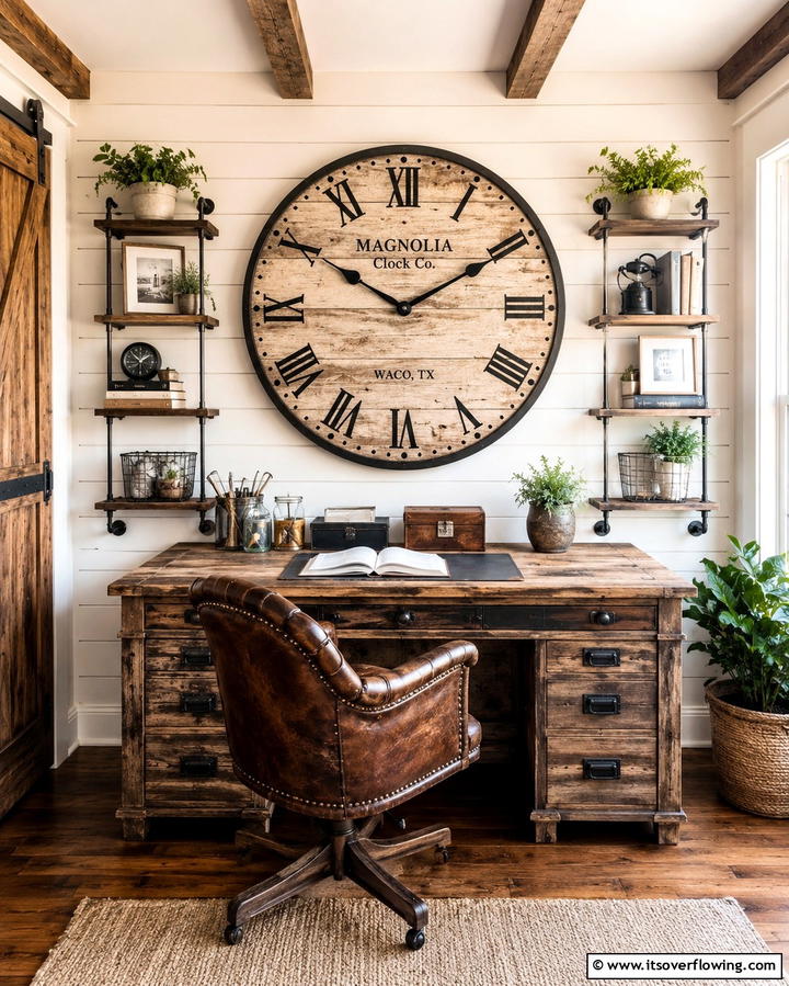 Farmhouse Clock Feature - 30 Rustic Home Office Ideas for a Cozy Workspace