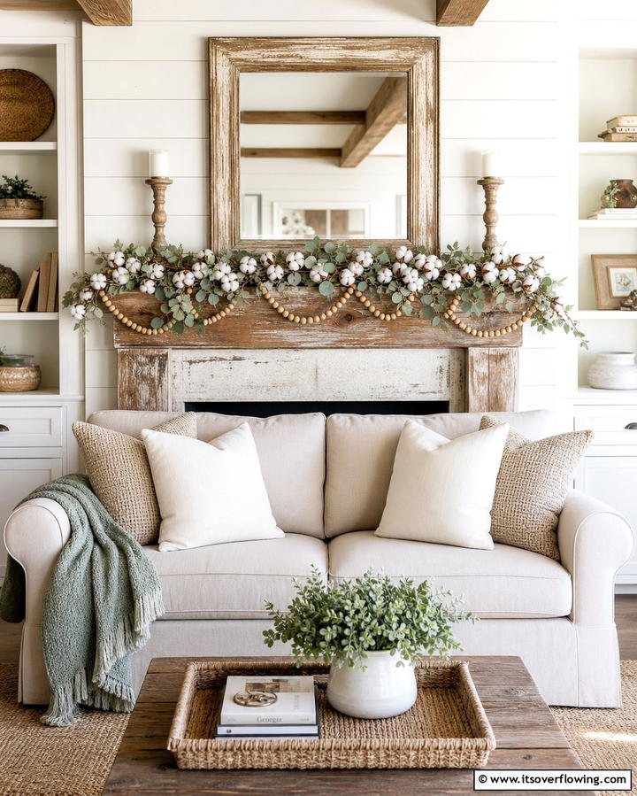 Farmhouse Cotton Garland - 25 Mantel Garland Ideas for a Festive Home Decor
