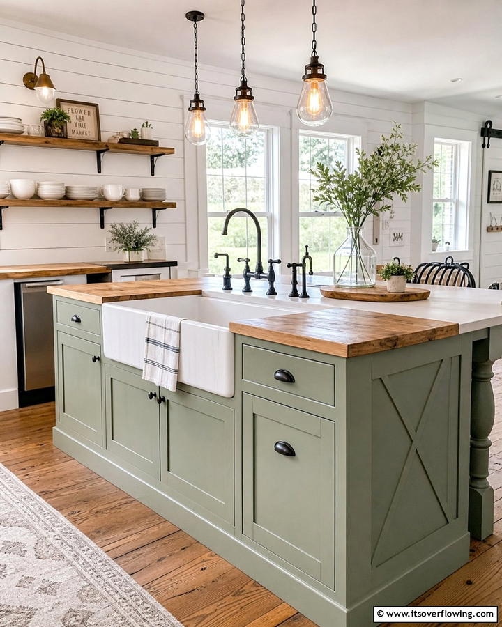 Farmhouse Flair with Apron Front Sink - 20 Sage Green Kitchen Island Ideas for a Fresh Look