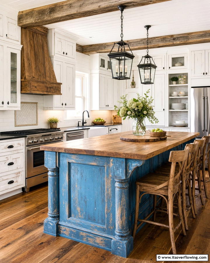 Farmhouse Flair with White Cabinets and Distressed Blue Island - 25 White Kitchen Cabinets With Blue Island Ideas