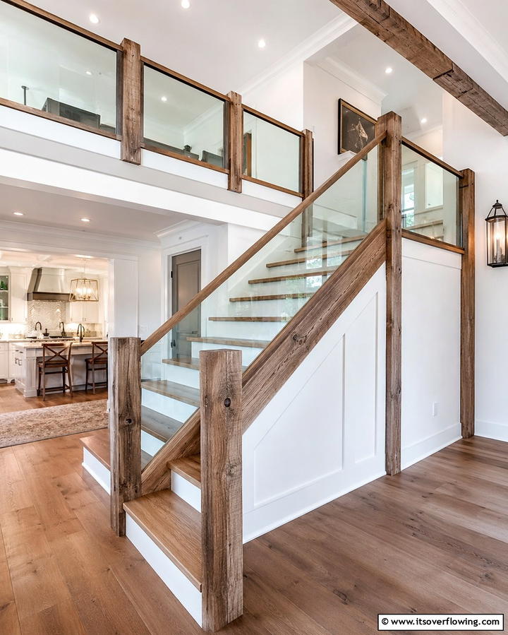 Farmhouse Glass Panels - 30 Rustic Farmhouse Stair Railing Ideas & Designs