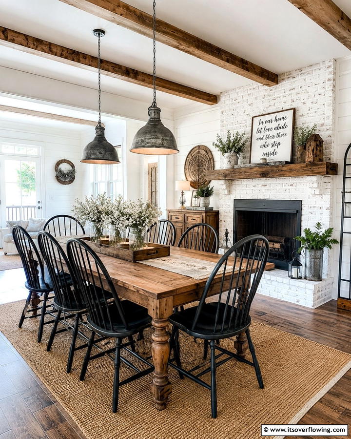 Farmhouse Inspiration with a Brick Fireplace - 25 Dining Room With Fireplace Ideas for Cozy Gatherings