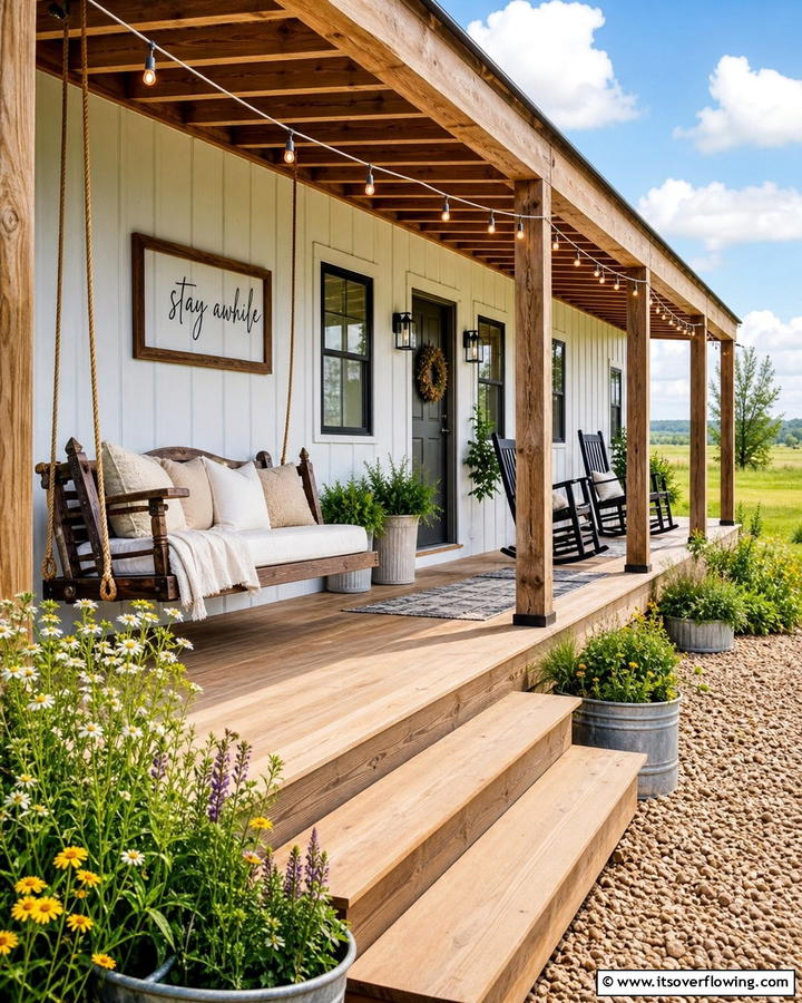 Farmhouse Inspired Porch with Rustic Touches - 20 Mobile Home Porch Ideas to Boost Curb Appeal