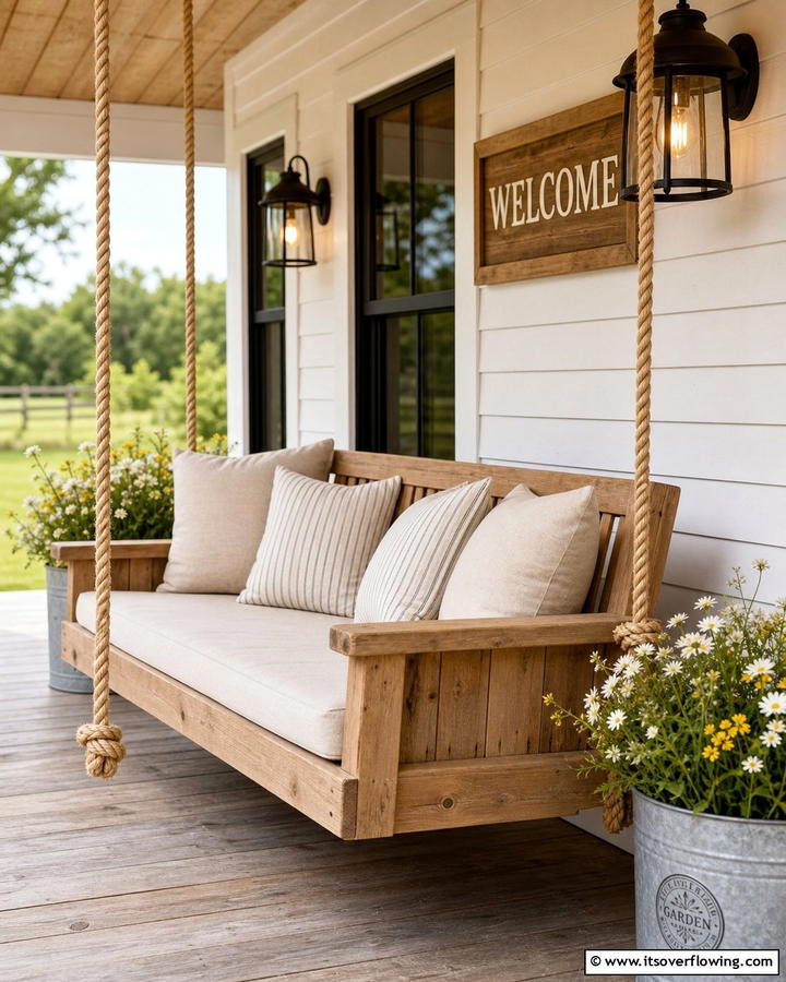 Farmhouse Inspired Swing with Rope Accents - 20 Front Porch Swing Ideas for a Cozy and Inviting Entrance