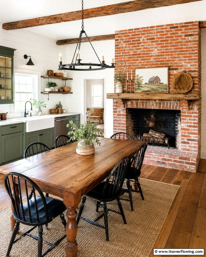 Farmhouse Kitchen with a Brick Fireplace - 25 Kitchens With Fireplaces for a Unique Cooking Space