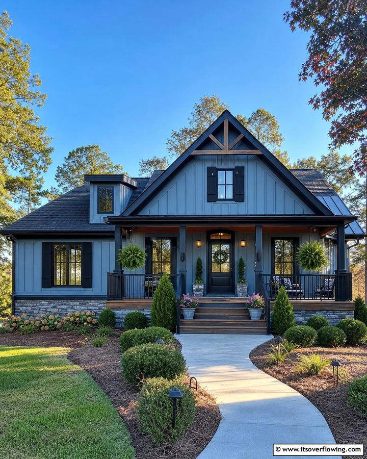 Farmhouse Meets Chic Design - 25 Blue House With Black Trim Ideas for a Striking Exterior