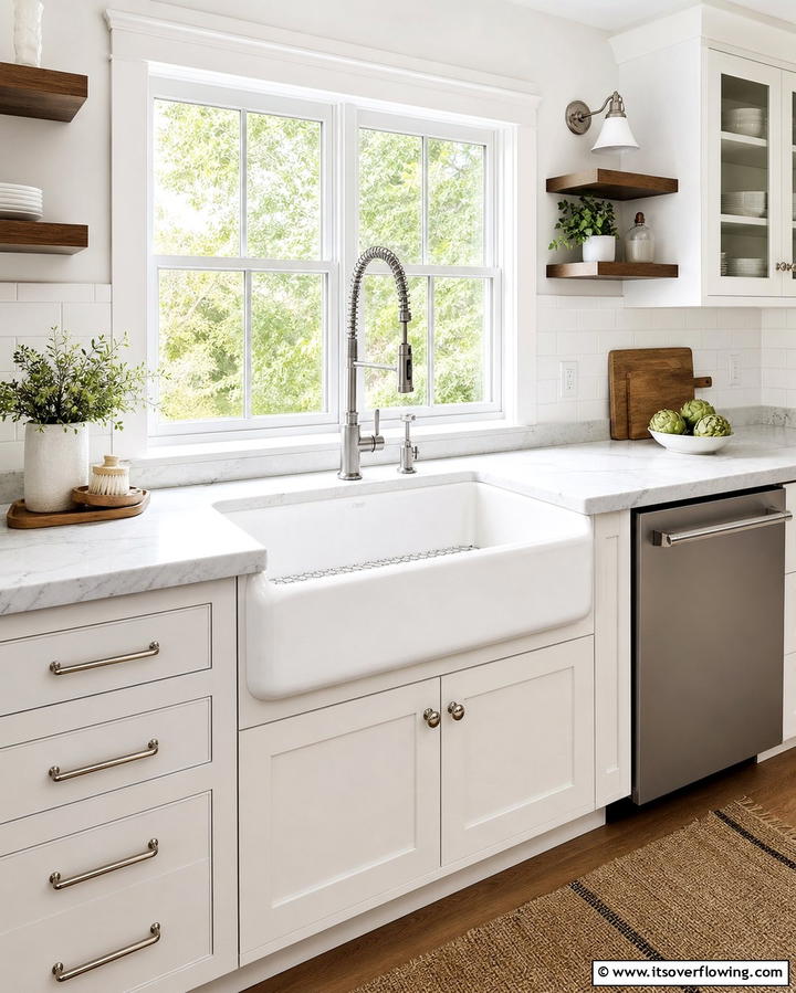 Farmhouse Sink with Stainless Steel Fixtures - 25 White Kitchen with Stainless Steel Appliances Ideas