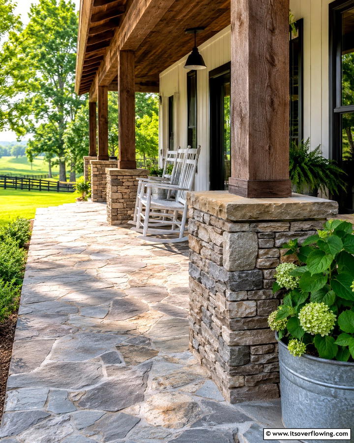 Farmhouse Stone Porch - 25 Stone Porch Ideas to Enhance Your Home’s Curb Appeal