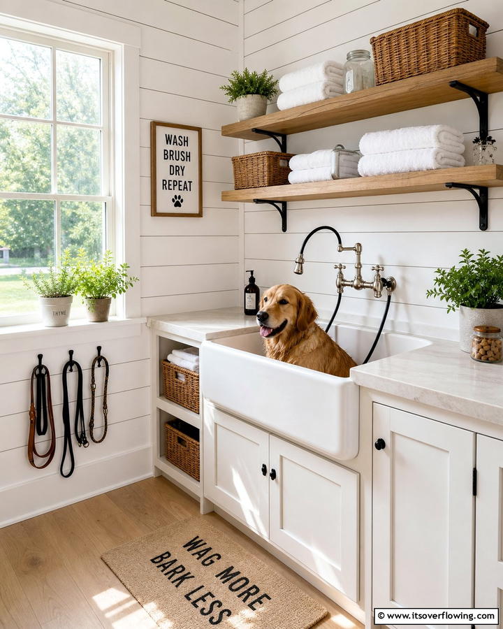 Farmhouse Style Dog Wash Station with Shiplap Walls - 20 Dog Wash Station Ideas for a Clean and Happy Pet