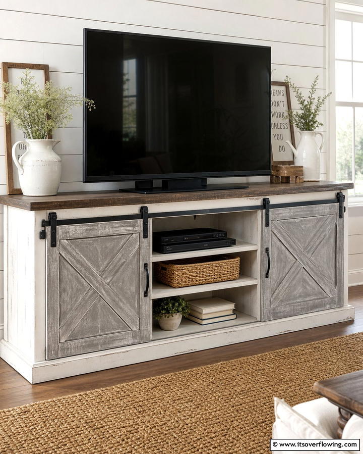 Farmhouse Style TV Stand with Sliding Barn Doors - 25 TV Stand Ideas to Complement Your Home Decor