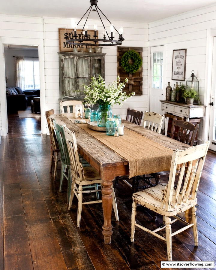 Farmhouse Style with Distressed Wood - 25 Dark Wood Floor Dining Room Ideas for a Classic Look