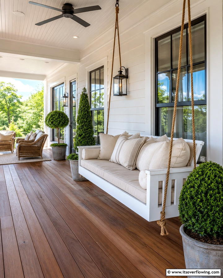 Farmhouse Swing Bench - 30 Farmhouse Patio Ideas for Rustic Outdoor Relaxation