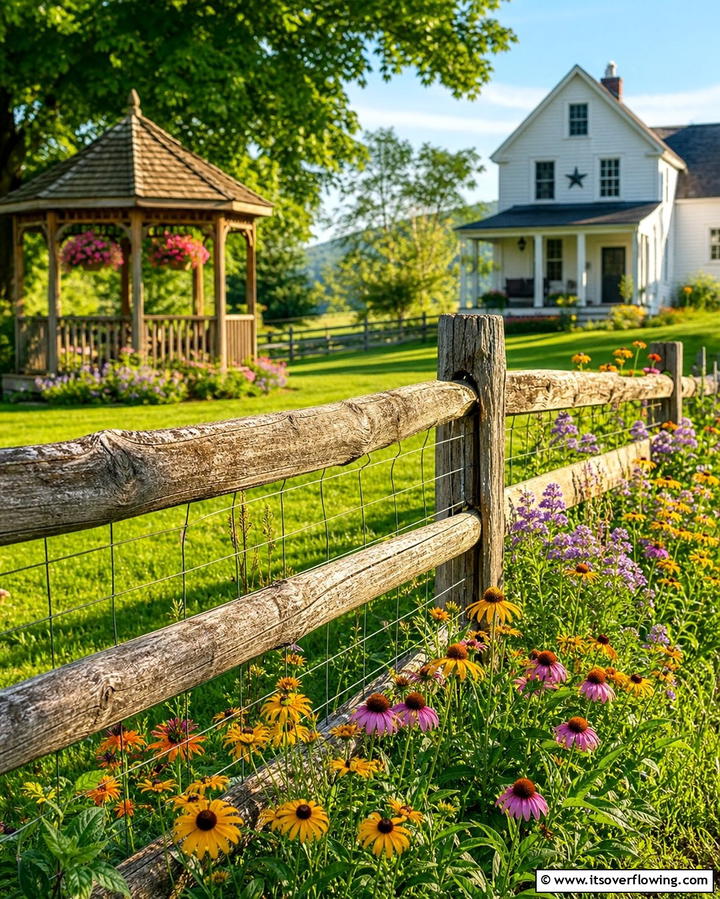 Farmhouse Vibes with Split Wood Rails and Metal Wire - 25 Metal and Wood Fence Ideas for Durable Boundaries