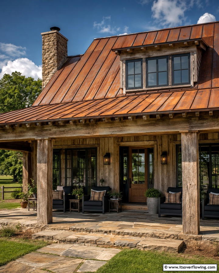 Farmhouse Warmth with Weathered Steel Roof - 25 Metal Roof Porch Design Ideas for a Durable Space