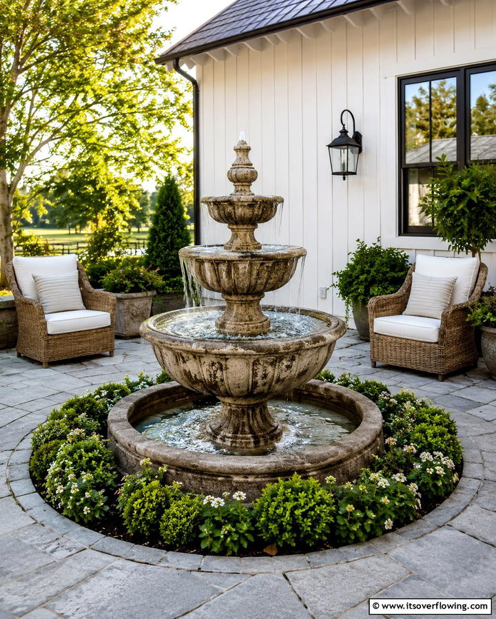Farmhouse Water Fountain - 30 Farmhouse Patio Ideas for Rustic Outdoor Relaxation