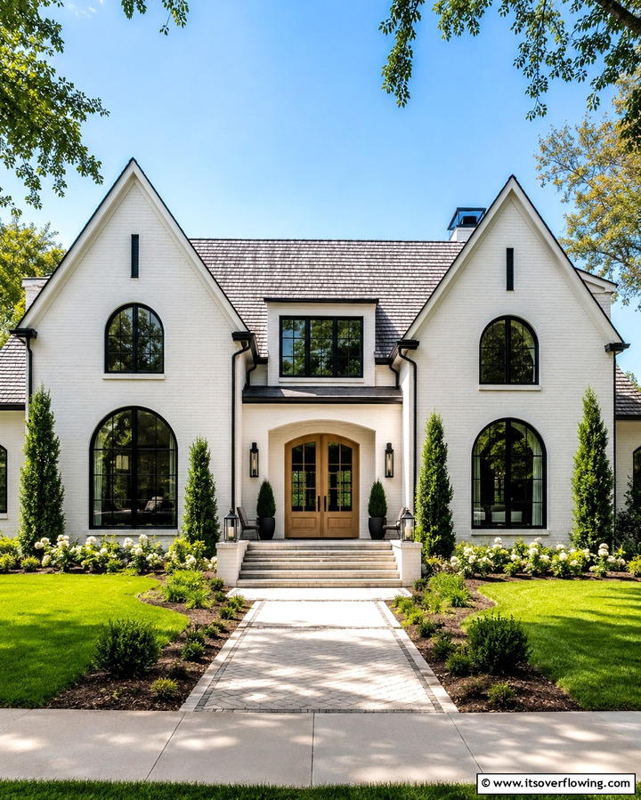 Farmhouse with Arched Black Windows - 25 White Farmhouse with Black Windows Ideas