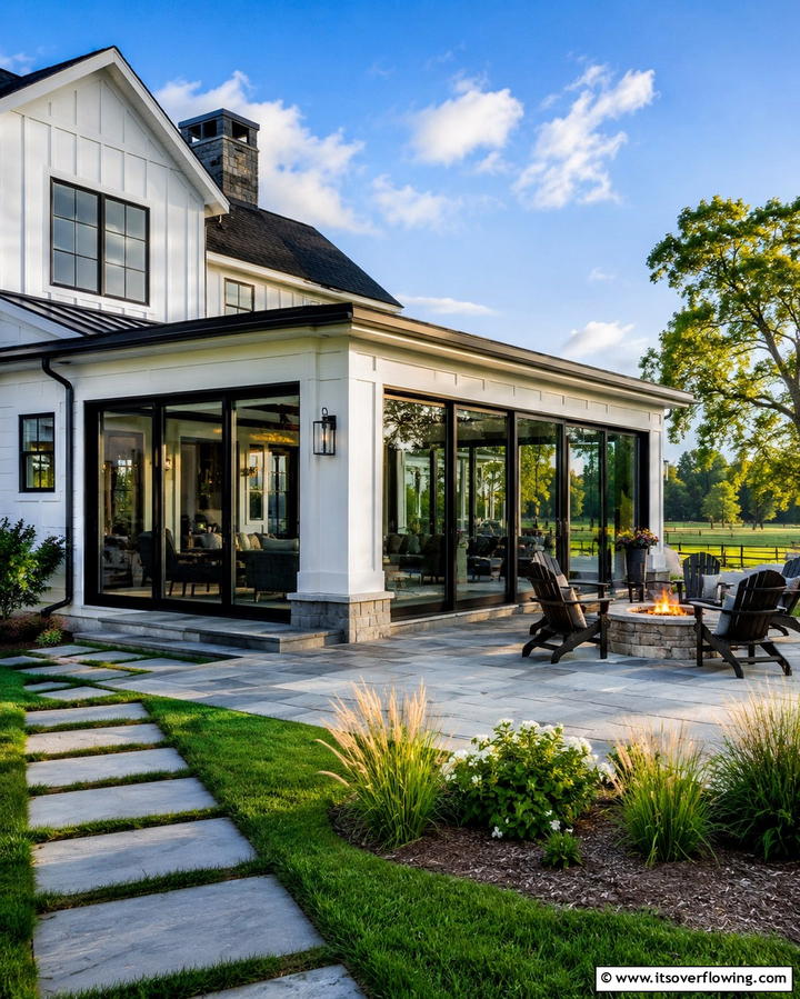 Farmhouse with Black Sliding Glass Windows - 25 White Farmhouse with Black Windows Ideas