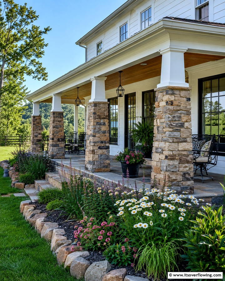 Farmhouse with Stone Details on the Porch - 20 White Farmhouse With Wrap-around Porch Ideas