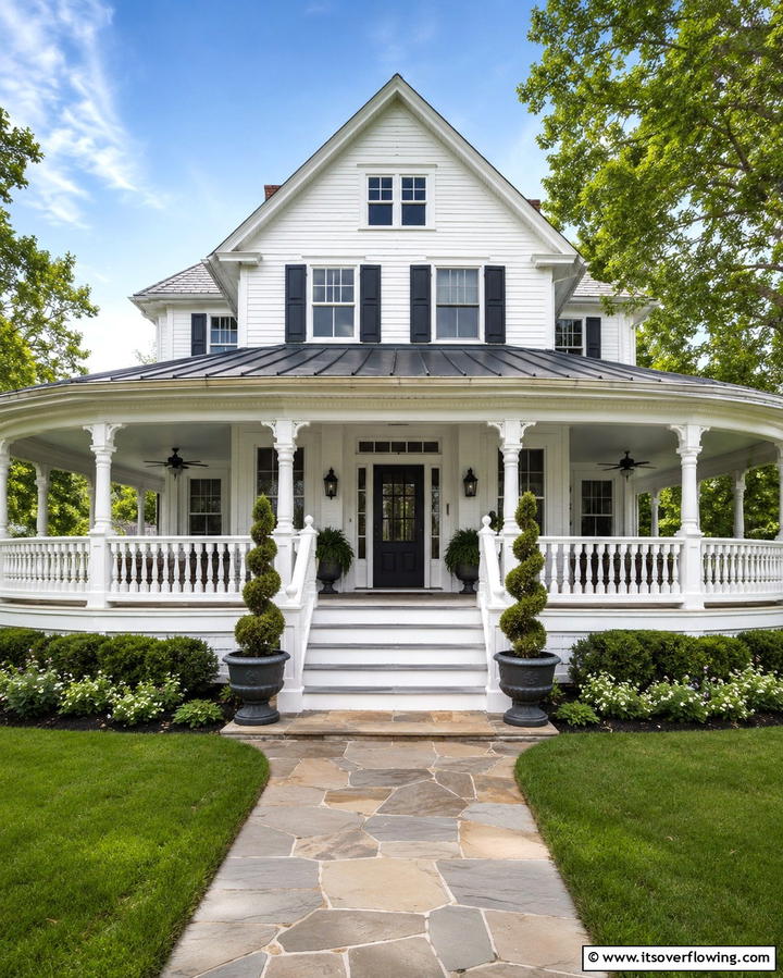 Farmhouse with White Railings and Decorative Balusters - 20 White Farmhouse With Wrap-around Porch Ideas