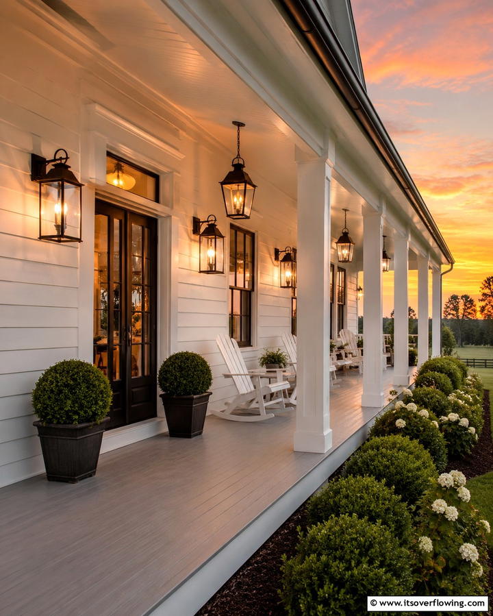 Farmhouse with Wrap around Porch and Lantern Lighting - 20 White Farmhouse With Wrap-around Porch Ideas