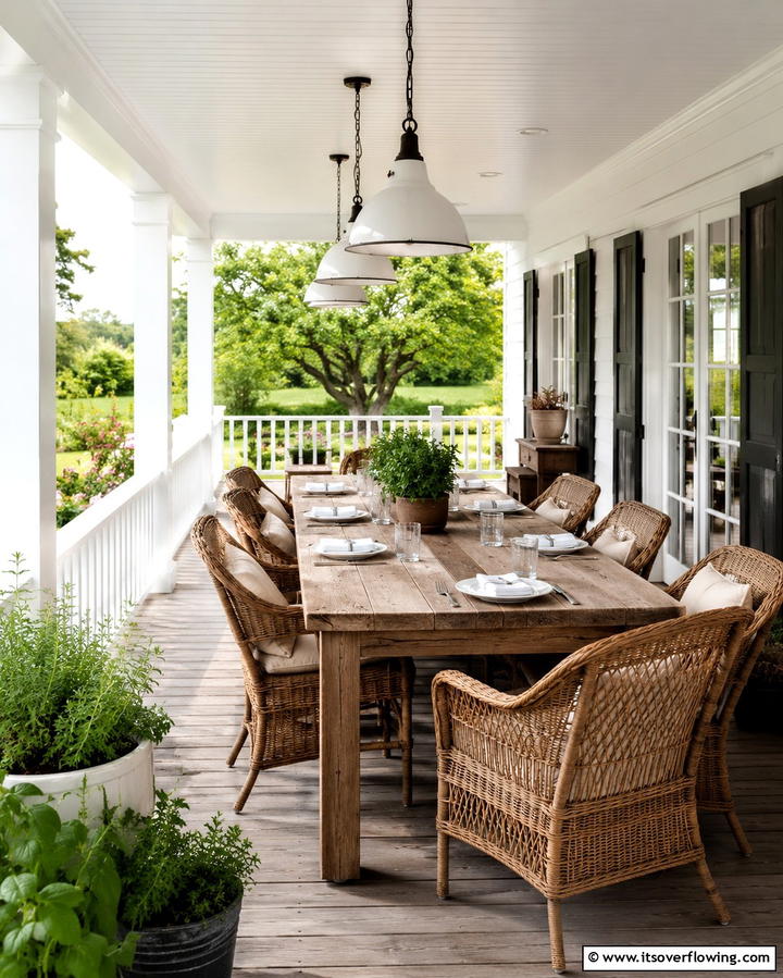 Farmhouse with Wrap around Porch and Outdoor Dining Area - 20 White Farmhouse With Wrap-around Porch Ideas