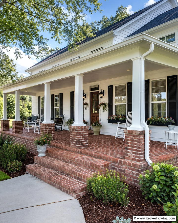 Farmhouse with a Wrap around Porch and Brick Detailing - 20 White Farmhouse With Wrap-around Porch Ideas