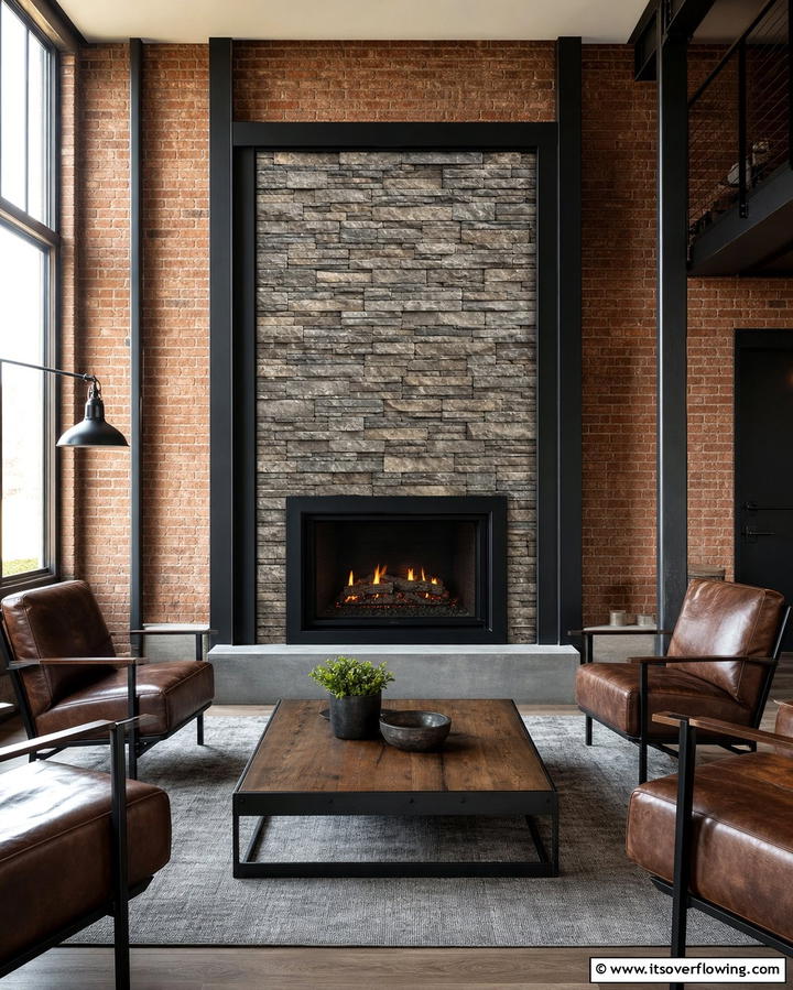 Faux Stone Fireplace with Black Frame - 25 Faux Stone Fireplace Ideas for a Cozy and Elegant Look