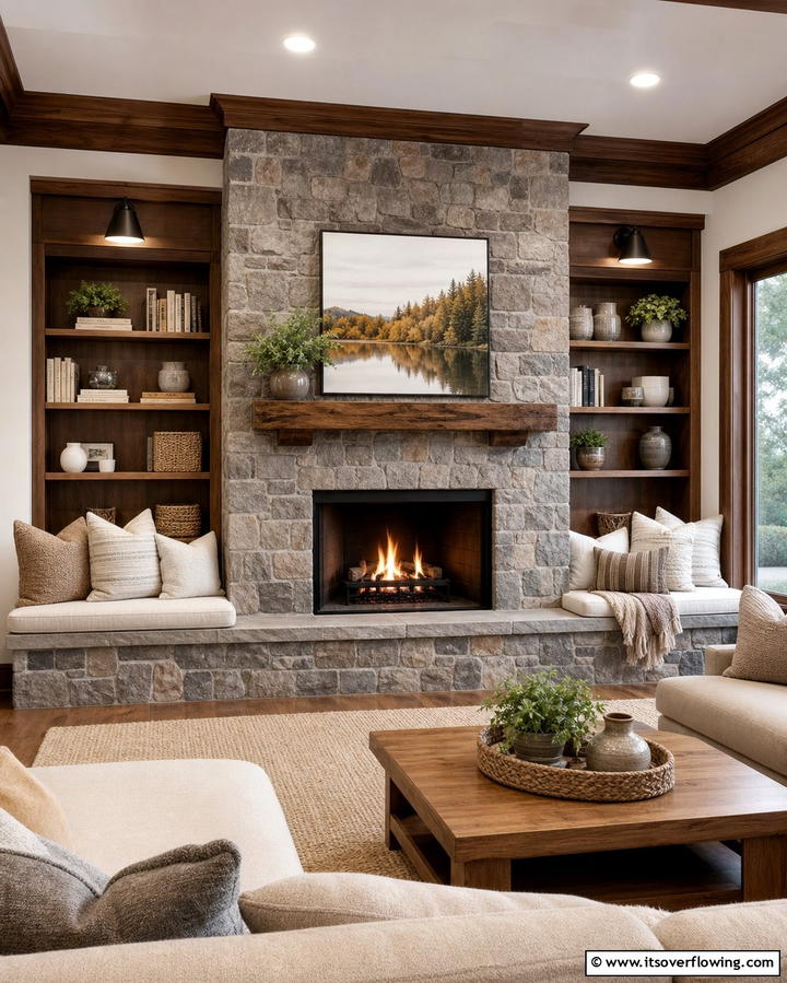 Faux Stone Fireplace with Built In Seating - 25 Faux Stone Fireplace Ideas for a Cozy and Elegant Look