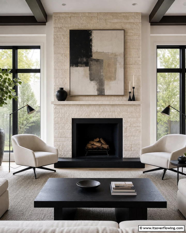 Faux Stone Fireplace with Contrasting Hearth - 25 Faux Stone Fireplace Ideas for a Cozy and Elegant Look