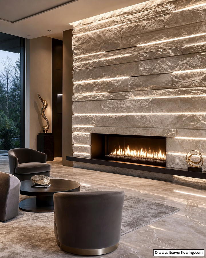 Faux Stone Fireplace with LED Lighting - 25 Faux Stone Fireplace Ideas for a Cozy and Elegant Look