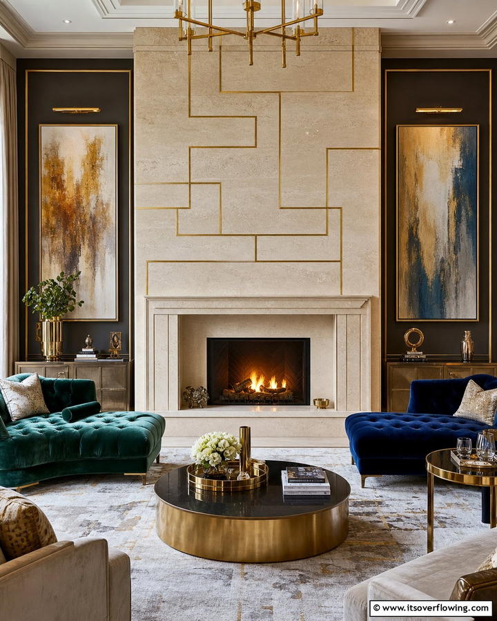 Faux Stone Fireplace with Metallic Accents - 25 Faux Stone Fireplace Ideas for a Cozy and Elegant Look